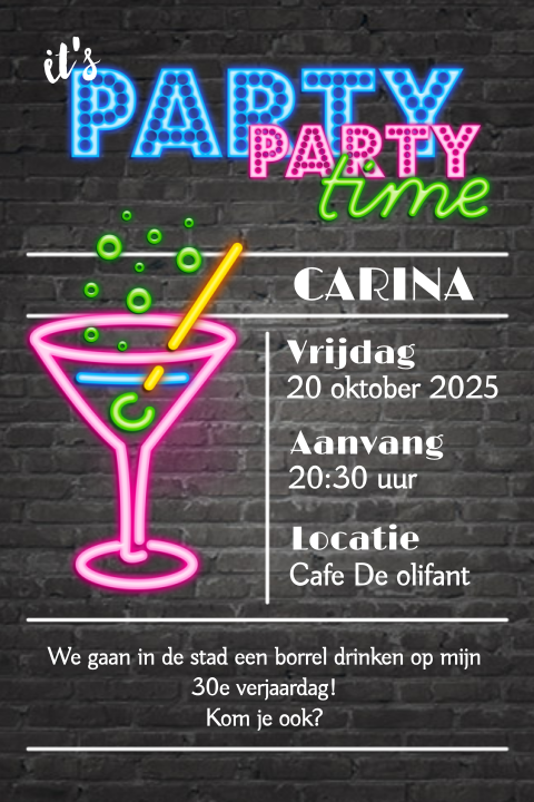 Uitnodiging verjaardag met neon verlichting