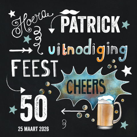 Uitnodiging 50e verjaardag man met bier krijtbord
