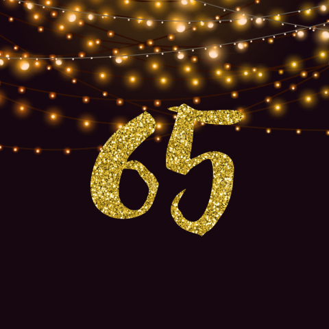 Verjaardagsuitnodiging 65 jaar met gouden glitters
