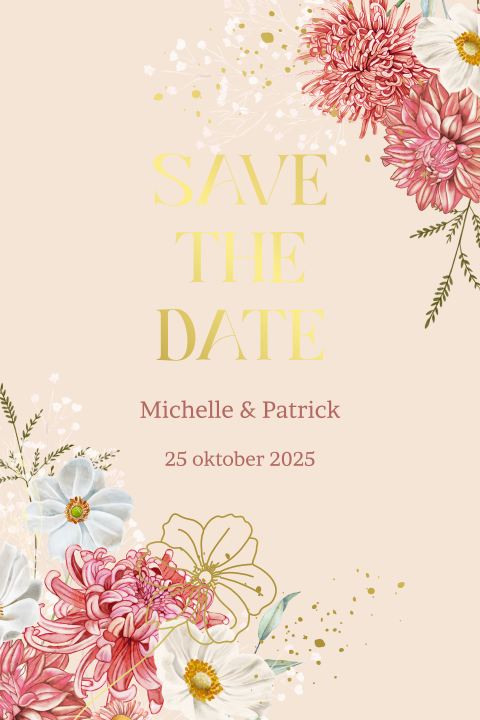 Trouwkaart save the date met roze dahlia bloemen