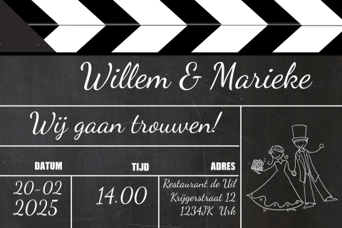 Trendy trouwkaart filmklapper regisseur scene bord