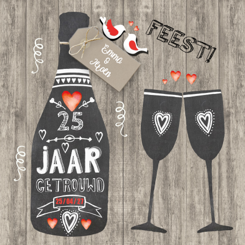 Uitnodiging huwelijksjubileum 25 schoolbord op hout