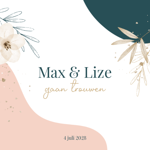 Botanische trouwkaart met spetters roze en groen
