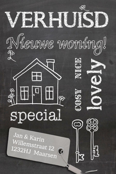 Trendy verhuiskaart krijtbord met typografie en label