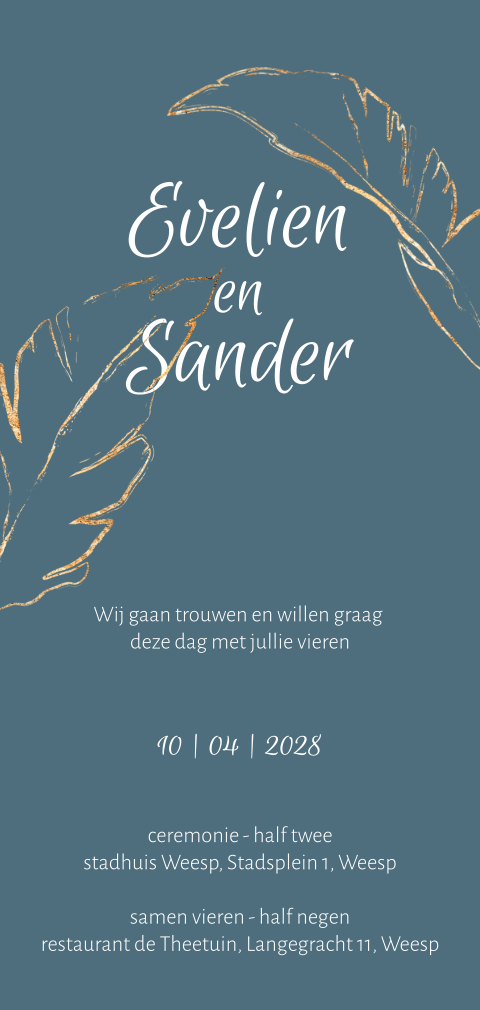 Trouwkaart blauw met blad in folie look