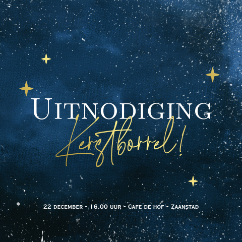 Kerstborrel uitnodiging blauw sterrenhemel goudfolie
