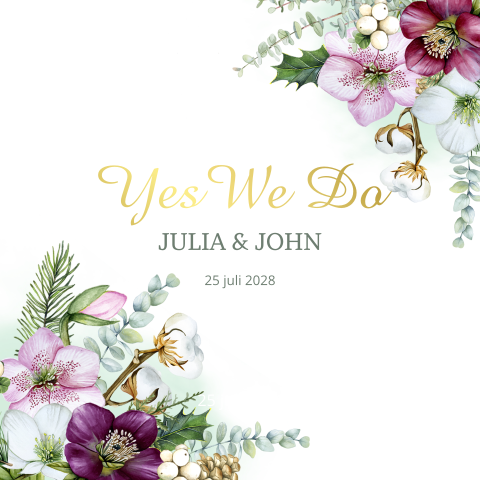 Trouwkaart met bloemen en eucalyptus bladeren