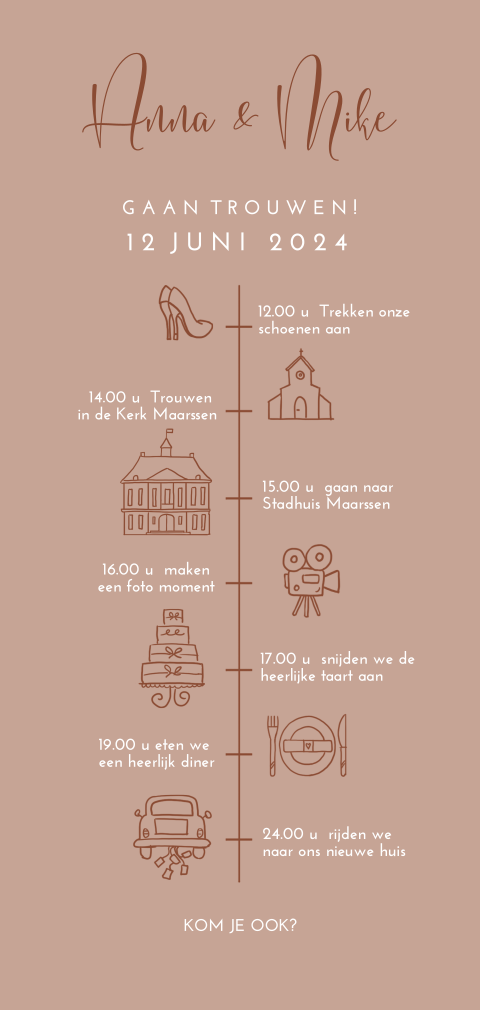 Langwerpige staande trouwkaart tijdlijn terra cotta