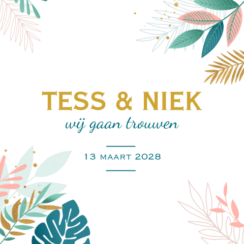 Trouwkaart met kleurrijk getekende bladeren en takjes