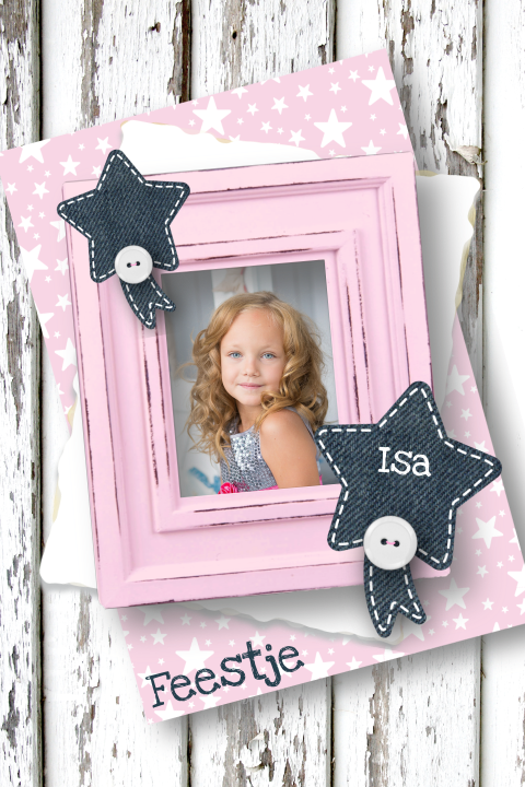 Uitnodiging kinderfeestje hout, sterren en foto roze 