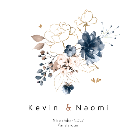 Trouwkaart bloemen blauw en goud