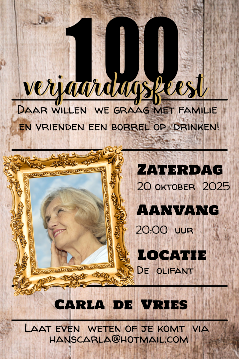 Uitnodiging voor een 100e verjaardag met hout en fotolijst