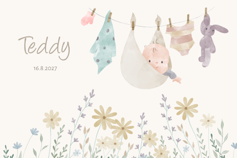 Lief geboortekaartje unisex met baby aan waslijn