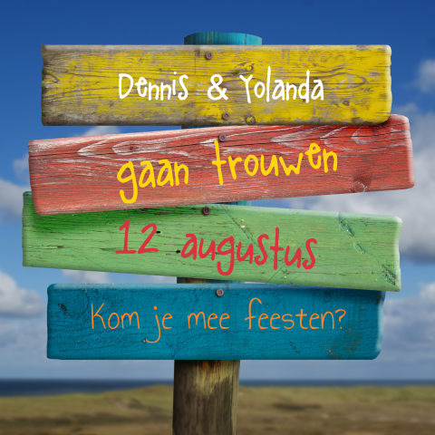 Trouwkaart in strand thema met vrolijke kleuren