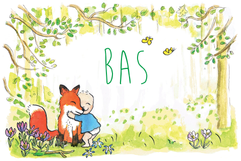 Geboortekaartje jongen met vos in het bos met een kindje getekend