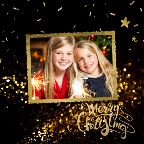 Hippe enkele foto kerstkaart met gouden kader en handlettering