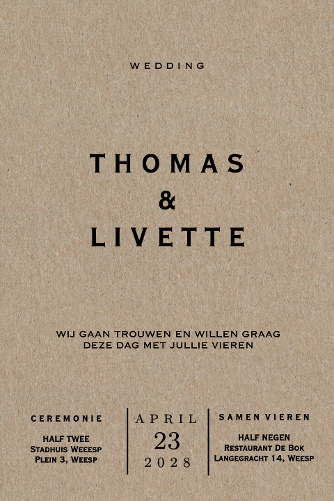 Trouwkaart gedrukt op echt kraft karton papier