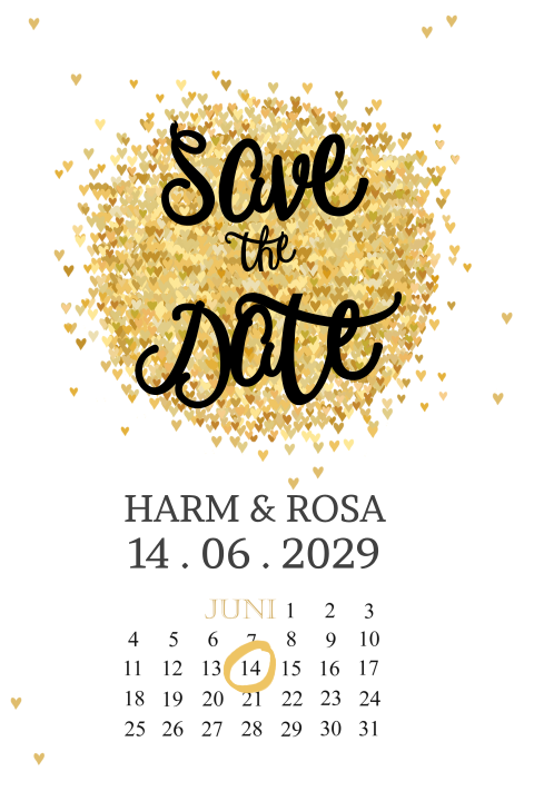 Save the date kaart met gouden hartjes