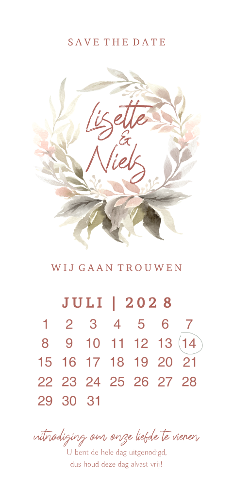 Save the date uitnodiging bloemen en kalender