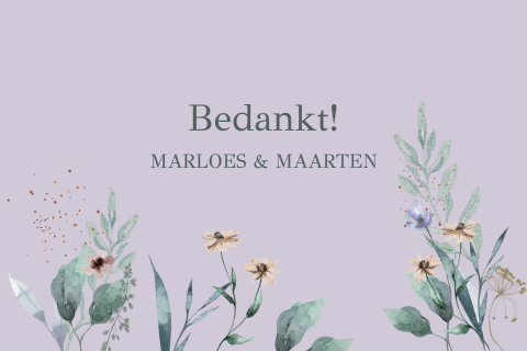 Bedankkaart huwelijk lila met bloemen