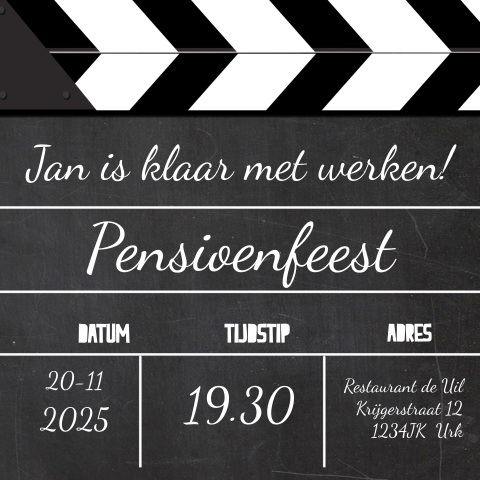 Leuke pensioen uitnodiging met film klapper