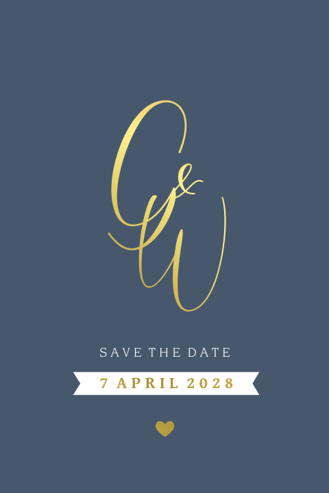 Moderne save the date met goudfolie en donker blauwe achtergrond