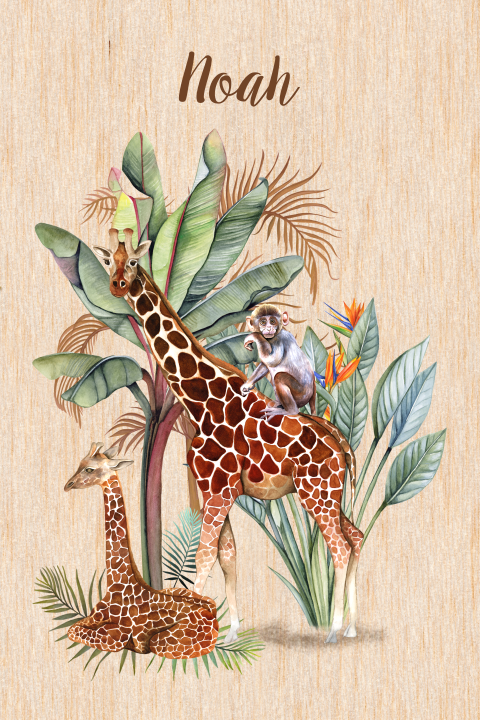 Hip unisex geboortekaartje met girafje op echt hout