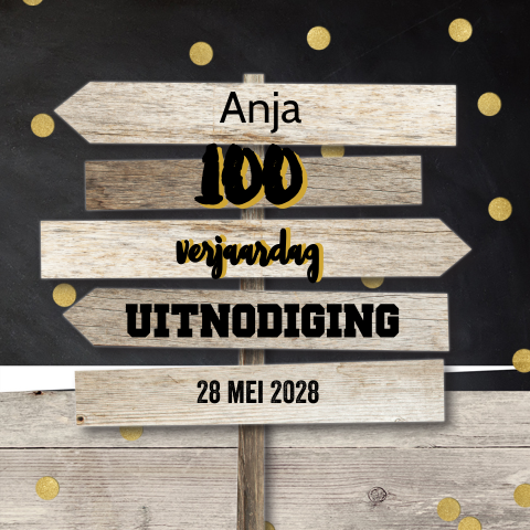 Uitnodiging 100e verjaardag met houten borden en confetti