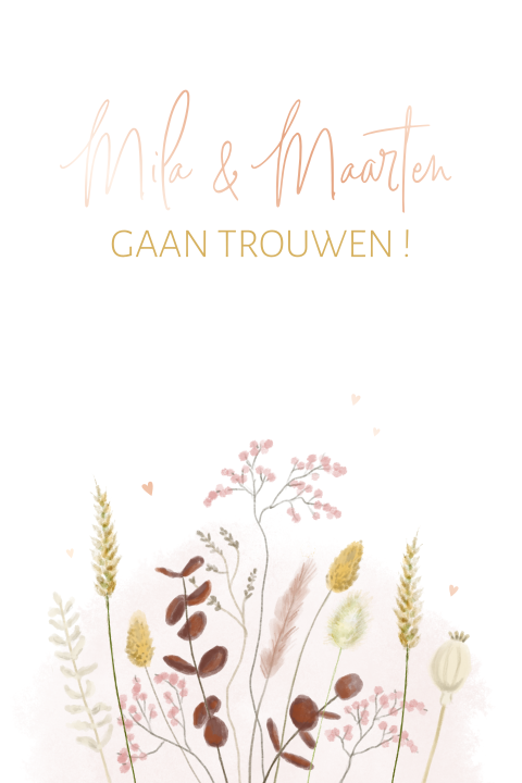 Trouwkaart met roze en geel bloemen