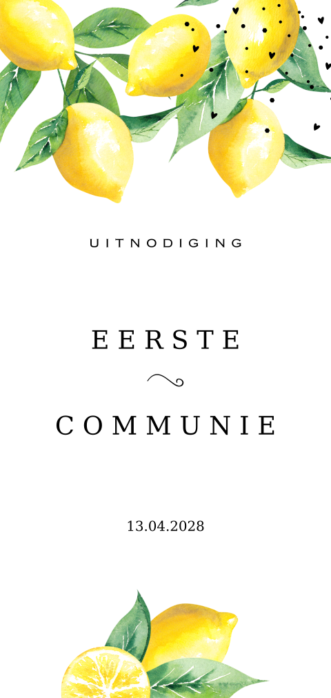 Communie uitnodiging met ronde hoeken citroenen en blaadjes