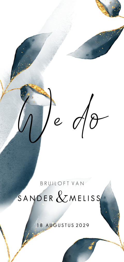 Trouwkaart blauwe waterverf, blad en tijdlijn