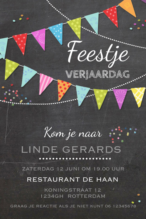 Hippe feest uitnodiging verjaardag of feestje met confetti krijtbord