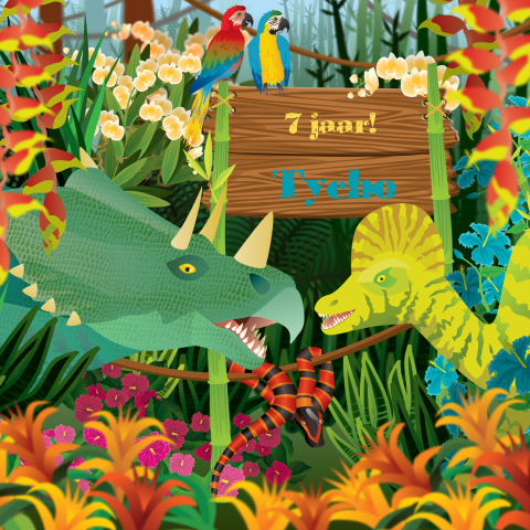 Stoere uitnodigingskaart kinderfeestje met dino