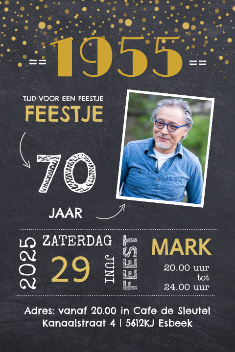 Uitnodiging 70 jaar verjaardag krijtbord recht 1955