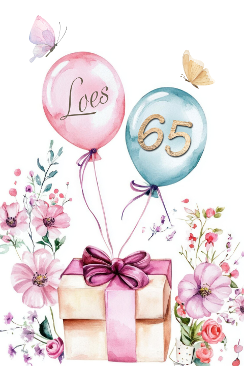 Uitnodiging 65e verjaardag vrouw roze bloemen en ballonnen