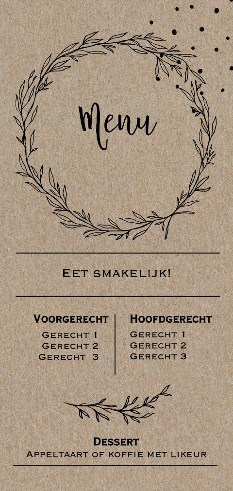 Menukaart op echt kraft gedrukt met krans en takjes