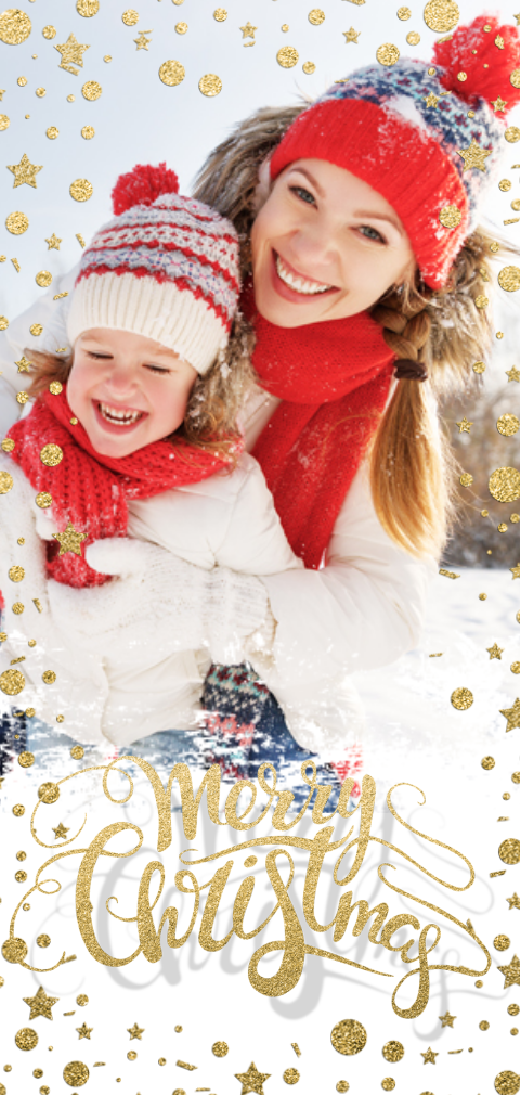 Langwerpige foto kerstkaart met confetti en sterren