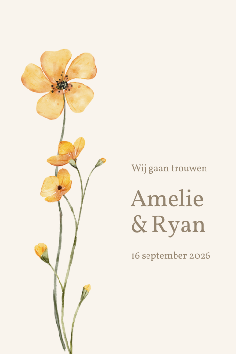 Trouwkaart uitnodiging met gele bloem