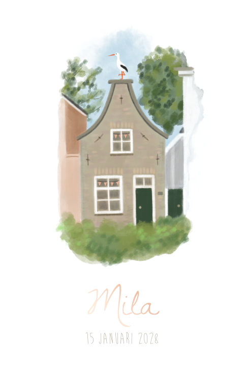 Geboortekaartje meisje huis slingers ooievaar