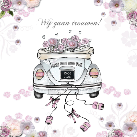 Trouwkaart met witte trouwauto en roze bloemen