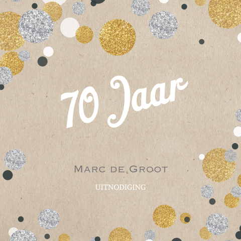 Uitnodiging 70 jaar dubbel met confetti in zilver en goudlook