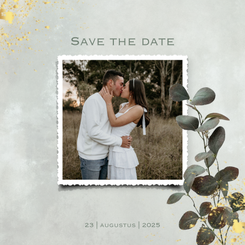 Save the date botanisch met geschilderde eucalyptus takjes