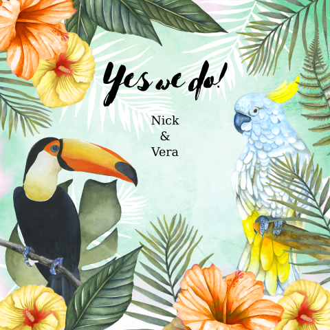 Trouwkaart met tropische vogels