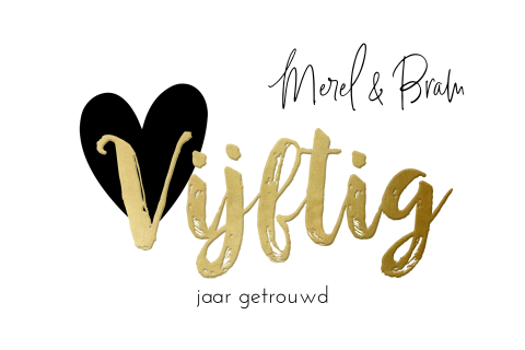 Uitnodiging 50 jaar getrouwd harten zwart wit goudlook