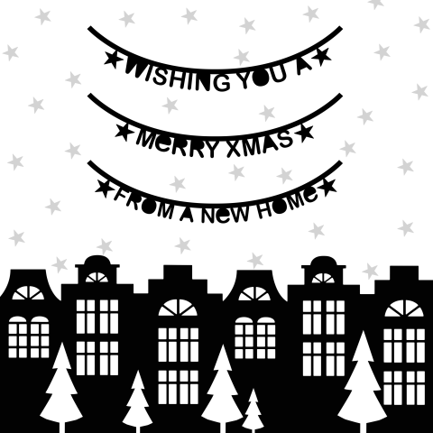 Kerstkaart verhuiskaart zwartwit huisjes en letterslingers