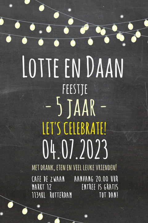 Uitnodiging feestje 5 jaar getrouwd met partylights