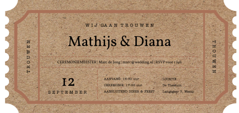 Trouwkaart ticket stans met kraft look achtergrond
