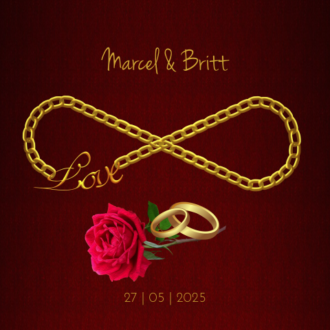 Trouwkaart rood roos ring en goudlook infinity teken