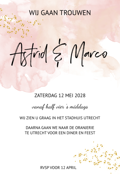Trouwkaart waterverf roze en oud glitter
