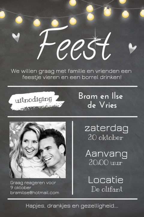Uitnodiging feestje borrel op krijtbord met typografie